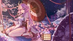 Rule 34 | 1girl, animal ears, bare shoulders, blouse, breasts, cherry blossoms, chinese commentary, closed mouth, commentary, crossed bangs, detached sleeves, dress, fox ears, genshin impact, highres, holding, holding umbrella, long hair, looking at viewer, medium breasts, night, oil-paper umbrella, petals, pink hair, purple eyes, qie, sandals, shirt, sitting, smile, solo, thighs, turtleneck, turtleneck dress, umbrella, wariza, white dress, white shirt, yae miko