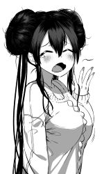 Rule 34 | 1girl, alternate costume, between fingers, blush, breasts, closed eyes, creatures (company), double bun, fang, from side, game freak, greyscale, hair between eyes, hair bun, hand to own mouth, highres, holding, large breasts, messy hair, monochrome, nintendo, open mouth, pajamas, pokemon, pokemon bw2, rosa (pokemon), simple background, sleepy, solo, torriet, upper body, waking up, white background, yawning