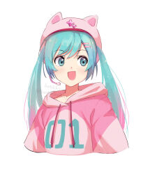 1girl :d animal_ears aqua_eyes aqua_hair arms_at_sides batikky cat_ears commentary cropped_torso drawstring fortnite hair_between_eyes hair_ornament hat hatsune_miku headset highres hood hood_down hoodie looking_to_the_side multicolored_hair neko_hatsune_miku number_print open_mouth pink_hair pink_hat pink_hoodie simple_background smile solo sparkle streaked_hair twintails twitter_username two-tone_hair vocaloid white_background