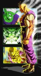 Rule 34 | absurdres, age progression, antennae, aura, black eyes, brown footwear, colored skin, commentary, dougi, dragon ball, dragon ball super, dragon ball super super hero, dragonball z, english commentary, from side, full body, glowing, glowing eyes, goketerhc, green skin, highres, male focus, no eyebrows, orange piccolo, orange skin, pants, piccolo, pointy ears, potential unleashed, powering up, profile, purple pants, purple shirt, red eyes, shirt, sleeveless, sleeveless shirt, steam, upper body, v-neck, yellow skin