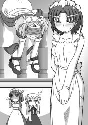 Rule 34 | 4girls, apron, ass, bdsm, blindfold, blush, body writing, bondage, bound, clothes lift, collarbone, comic, coru, covered erect nipples, drawing on another&#039;s face, dress, dress lift, drooling, elza straherz, greyscale, highres, maid, maid apron, maid headdress, mary janes, mifilinah jegell, monochrome, multiple girls, naked apron, no panties, original, pink (rakurakutei ramen), puffy short sleeves, puffy sleeves, rakurakutei ramen, rubbing eyes, shoes, short sleeves, smile, suspension, tied up (nonsexual), twintails, wrists to ankles, yawning