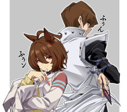 Rule 34 | 1boy, 1girl, agnes tachyon (umamusume), ahoge, back-to-back, brown hair, card, closed mouth, coat, crossover, grey eyes, hair between eyes, hand up, holding, holding card, holding test tube, kaiba seto, lab coat, long sleeves, looking at viewer, looking back, name connection, number 107 galaxy-eyes tachyon dragon, red eyes, short hair, smile, standing, sweater, test tube, translation request, umamusume, upper body, wakoudo, white coat, yellow sweater, yu-gi-oh!, yu-gi-oh! duel monsters