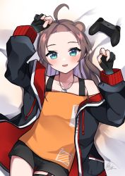 Rule 34 | 1girl, ahoge, animal ears, aqua eyes, bear ears, bed sheet, black shorts, blue jacket, blush, brown hair, controller, dog tags, esu 3101, extra ears, forehead, game controller, gamepad, gloves, highres, hololive, jacket, long hair, long sleeves, looking at viewer, lying, natsuiro matsuri, natsuiro matsuri (gaming casual), off-shoulder shirt, off shoulder, on back, open clothes, open jacket, open mouth, orange shirt, parted bangs, partially fingerless gloves, shirt, short shorts, shorts, smile, solo, thigh strap, two-sided fabric, two-sided jacket, virtual youtuber