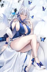 Rule 34 | 1girl, absurdres, animal ear fluff, animal ears, arm up, azur lane, bad id, bad pixiv id, bare legs, blue dress, blue eyes, blush, breasts, bug, butterfly, cleavage, detached collar, dress, fox ears, fox tail, full body, high heels, highres, huge breasts, insect, jinpaitugounan, legs, lips, long hair, looking at viewer, mature female, official alternate costume, shinano (azur lane), shinano (dreams of the hazy moon) (azur lane), silver hair, sitting, solo, tail, thighs, white footwear