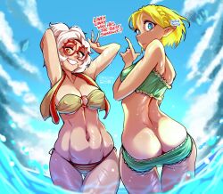 Rule 34 | 2girls, arm behind head, ass, bikini, blonde hair, blue eyes, blue sky, braid, breasts, butt crack, cloud, commentary, english commentary, english text, eyeshadow, french braid, from behind, glasses, gluteal fold, haysey, highres, large breasts, looking at viewer, makeup, multiple girls, navel, nintendo, o-ring, o-ring bikini, o-ring top, outdoors, partially submerged, pointy ears, princess zelda, purah, red-framed eyewear, red eyes, red eyeshadow, round eyewear, sheikah, side-tie bikini bottom, sky, splashing, swimsuit, the legend of zelda, the legend of zelda: tears of the kingdom, twitter username, updo, vest, water, wet, white hair