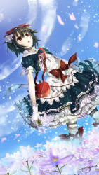 Rule 34 | 1girl, :o, bag, black hair, blue sky, blush, bow, cowboy shot, dated, day, dress, dutch angle, flower, frilled dress, frills, from below, gloves, hair bow, hair flower, hair ornament, handbag, highres, holding, holding flower, open mouth, outdoors, puffy short sleeves, puffy sleeves, red eyes, short hair, short sleeves, signature, sky, snow white, solo, standing, walking, white gloves, white legwear, wind, yuitsuki1206