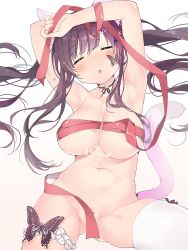 Rule 34 | 1girl, :o, animal ears, armpits, arms up, bad id, bad pixiv id, bar censor, black ribbon, blush, breasts, bridal garter, butterfly tattoo, cat ears, cat tail, censored, choker, cleavage, closed eyes, convenient censoring, cowboy shot, facial tattoo, grey background, hands on own head, long hair, looking at viewer, lying, naked ribbon, navel, neck ribbon, on back, open mouth, original, purple hair, red ribbon, ribbon, sidelocks, simple background, single thighhigh, suggestive fluid, sul-lin-a (hurukku), tail, tattoo, thighhighs, tsuka, twintails, very long hair, white thighhighs