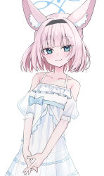 Rule 34 | 1girl, absurdres, alternate costume, animal ear fluff, animal ears, aqua eyes, bare shoulders, blue archive, blue halo, closed mouth, collarbone, commentary, dress, halo, highres, inaba reito, looking at viewer, niko (blue archive), off-shoulder dress, off shoulder, panties, pink hair, puffy short sleeves, puffy sleeves, see-through, see-through dress, see-through silhouette, short sleeves, simple background, smile, solo, underwear, v arms, white background, white dress, white panties, wolf ears, wolf girl