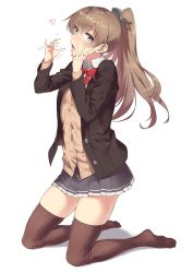 Rule 34 | 1girl, absurdres, black skirt, blouse, blue eyes, blush, brown hair, brown jacket, brown sweater, brown thighhighs, fellatio gesture, heart, highres, jacket, kantai collection, kumano (kancolle), long hair, long sleeves, momihige, neck ribbon, open mouth, pleated skirt, ponytail, red ribbon, ribbon, school uniform, shirt, simple background, skirt, solo, sweater, thighhighs, tongue, tongue out, white background, white shirt