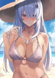 Rule 34 | 1girl, absurdres, alpha (punishing: gray raven), aoi 13, beach, bikini, blue sky, blush, breasts, cleavage, closed mouth, cloud, day, grey eyes, hair between eyes, hair ornament, hairclip, halterneck, hand in own hair, hat, heterochromia, highres, huge filesize, large breasts, long hair, lucia: crimson abyss (punishing: gray raven), lucia: crimson abyss (seaside sunbath) (punishing: gray raven), navel, pink bikini, punishing: gray raven, red eyes, sand, silver hair, sky, solo, straight hair, straw hat, string bikini, swimsuit, very long hair, water, wavy mouth, wet