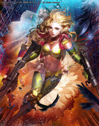 Rule 34 | 1girl, armor, assault rifle, bird, blonde hair, blue eyes, bra, breasts, dual wielding, earrings, elbow gloves, emperors saga, emphasis lines, flower, frills, gloves, green gloves, green pantyhose, gun, hair flower, hair ornament, highres, holding, holding gun, holding weapon, jewelry, large breasts, liduke, light particles, long hair, looking at viewer, navel, official art, outdoors, pantyhose, parted lips, rifle, rose, solo, underwear, waist cape, watermark, weapon, white flower, white rose, yellow bra