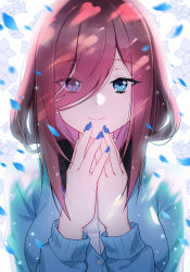 Rule 34 | 1girl, blue cardigan, blue eyes, blue flower, blue nails, cardigan, closed mouth, eyes visible through hair, flower, go-toubun no hanayome, hair over one eye, hands up, headphones, headphones around neck, highres, long hair, long sleeves, looking at viewer, motion blur, nail polish, nakano miku, own hands together, petals, purple hair, simple background, smile, solo, upper body, white background, zhanzheng zi