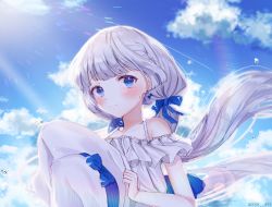 Rule 34 | 1girl, aged down, alternate costume, azur lane, bad id, bad pixiv id, blue eyes, blue sky, blush, braid, casual, closed mouth, cloud, collarbone, day, dress, earrings, french braid, h4m (nacho0101), hair ornament, hat, highres, holding, holding clothes, holding hat, illustrious (azur lane), jewelry, long hair, looking at viewer, low twintails, mole, mole under eye, outdoors, sky, smile, solo, sun hat, sunlight, sweatdrop, twintails, twitter username, unworn hat, unworn headwear, water drop, white dress, white hair, white hat