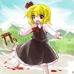 Rule 34 | 1girl, alphes (style), blonde hair, blood, blouse, embodiment of scarlet devil, female focus, gohei, hair ribbon, hakurei reimu, ideolo, necktie, open mouth, outstretched arms, parody, red eyes, ribbon, rumia, shirt, short hair, solo, spread arms, style parody, torii, touhou, vest