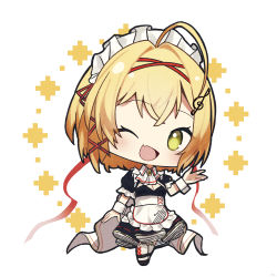 Rule 34 | 1girl, akutaa, alternate costume, apron, azur lane, black dress, blonde hair, chibi, dress, enmaided, fang, frilled apron, frills, green eyes, hair ornament, highres, maid, maid apron, official alternate costume, open mouth, puffy short sleeves, puffy sleeves, short sleeves, simple background, skin fang, solo, southampton (afternoon impromptu) (azur lane), southampton (azur lane), white apron, white background, x hair ornament