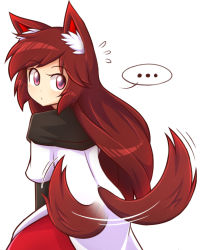 Rule 34 | ..., 1girl, afterimage, animal ear fluff, animal ears, brown hair, dress, eyebrows, imaizumi kagerou, looking at viewer, red eyes, simple background, solo, spoken ellipsis, tail, tail wagging, touhou, white background, wolf ears, wolf tail, wool (miwol)