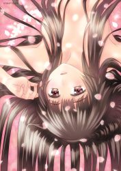 Rule 34 | 1girl, brown eyes, brown hair, cherry blossoms, from behind, hair censor, hair over breasts, highres, long hair, looking at viewer, nude, original, pink background, sato-pon, solo, twitter username, upper body, very long hair
