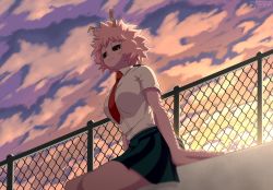 Rule 34 | 1girl, ashido mina, black sclera, boku no hero academia, breasts, chain-link fence, cloud, cloudy sky, collared shirt, colored sclera, colored skin, fence, from below, green skirt, highres, horns, large breasts, messy hair, necktie, outdoors, pink hair, pink skin, rappa, red necktie, school uniform, shirt, short hair, sitting, skirt, sky, solo, u.a. school uniform, white shirt, yellow eyes