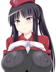 Rule 34 | 1girl, :&lt;, absurdres, annoyed, black hair, blue eyes, blush, breast suppress, breasts, covered erect nipples, gloves, hat, highres, huge breasts, konno tohiro, long hair, pout, simple background, solo, summon night, summon night 5, white background, yeng-hua
