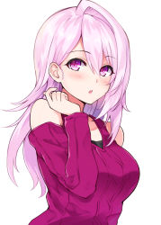 Rule 34 | 1girl, blush, breasts, clothing cutout, commentary request, cu-no, hair between eyes, hand up, hisen kaede, large breasts, looking at viewer, parted lips, pink hair, purple eyes, purple sweater, shoulder cutout, simple background, solo, sweater, upper body, white background, yayoi sakura