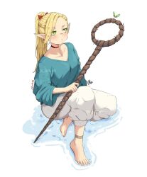 Rule 34 | 1girl, anklet, barefoot, blonde hair, blue shirt, bow, braid, choker, collarbone, crown braid, dungeon meshi, elf, green eyes, holding, holding staff, jewelry, jk arts, long hair, marcille donato, pants, pointy ears, ponytail, red bow, red choker, shirt, signature, solo, staff, twitter username, v-neck, white pants