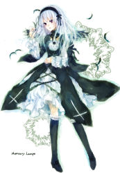 Rule 34 | 00s, bad id, bad pixiv id, boots, cross, doll joints, dress, feathers, frills, hairband, jewelry, joints, knee boots, long hair, mikanniro, necklace, purple eyes, rozen maiden, silver hair, solo, suigintou, wings