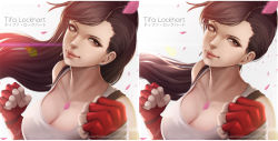Rule 34 | 1girl, arms up, artist name, black hair, breasts, brown eyes, cleavage, clenched hand, closed mouth, earrings, facebook username, final fantasy, final fantasy vii, gloves, highres, jewelry, large breasts, lips, long hair, magion02, pink petals, red gloves, shirt, signature, swept bangs, tank top, tifa lockhart, upper body, variations, watermark, web address, white shirt