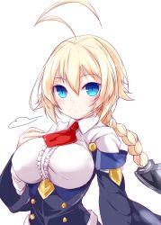 Rule 34 | ahoge, blazblue, blonde hair, blue eyes, blue sleeves, blush, braid, breasts, closed mouth, es (xblaze), expressionless, frills, hair between eyes, hand on own chest, highres, large breasts, long hair, long sleeves, nanaume (shichimi tougarashi), necktie, red necktie, shirt, simple background, single braid, slit pupils, white background, white shirt, wide sleeves, xblaze
