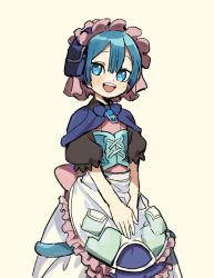 Rule 34 | 1boy, :d, apron, back bow, black shirt, blue capelet, blue eyes, blue hair, blunt bangs, blush, bow, capelet, cowboy shot, frilled apron, frills, hair between eyes, hairband, lace-up top, lolita hairband, long skirt, looking at viewer, made in abyss, maid apron, maid headdress, male focus, maruruk, medu (rubish), open mouth, puffy short sleeves, puffy sleeves, shirt, short hair, short sleeves, skirt, smile, solo, teeth, trap, upper teeth only, v arms, whistle, whistle around neck, white skirt, yellow background