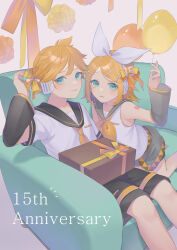 Rule 34 | 1boy, 1girl, absurdres, ahoge, anniversary, aqua eyes, arched back, balloon, bare shoulders, bass clef, black sailor collar, black sleeves, blonde hair, bow, box, breasts, brother and sister, couch, detached sleeves, gift, gift box, grey sailor collar, grey sleeves, hair bow, hair ornament, hairclip, happy birthday, headphones, headset, highres, kagamine len, kagamine rin, kneeling, leg warmers, looking at viewer, neckerchief, necktie, number tattoo, parted lips, sailor collar, shirt, short ponytail, shorts, shoulder tattoo, siblings, sideways glance, sitting, sleeveless, sleeveless shirt, small breasts, smile, suiri (suiri 02), tattoo, treble clef, twins, vocaloid, white bow, yellow neckerchief, yellow necktie