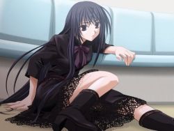 Rule 34 | 1girl, ahoge, arm support, belt, blue eyes, blue hair, blue upholstery, boots, bow, bowtie, couch, dress, ever 17, game cg, goth fashion, high heels, komachi tsugumi, lace, long hair, lowres, matching hair/eyes, on floor, scar, shoes, sitting, solo, takigawa yuu, very long hair