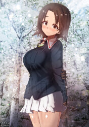 Rule 34 | 1girl, blush, breasts, brown eyes, brown hair, closed mouth, forest, girls und panzer, highres, large breasts, looking at viewer, megadeko, military uniform, nature, ooarai military uniform, outdoors, sawa azusa, short hair, smile, snow, solo, uniform