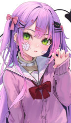 Rule 34 | 1girl, 333shishishi333, bandaid, bandaid on face, bow, bowtie, cardigan, claw pose, collar, commentary, demon girl, demon tail, fang, green eyes, hair bow, hair ornament, hairclip, hand up, highres, hololive, light blush, long hair, looking at viewer, parted lips, pink bow, pink cardigan, pink nails, red bow, red bowtie, sailor collar, school uniform, serafuku, simple background, skin fang, solo, tail, tokoyami towa, turtleneck, two side up, upper body, very long hair, virtual youtuber, white background, white collar