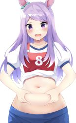 Rule 34 | 1girl, absurdres, alternate costume, animal ears, belly, blush, breasts, collarbone, commentary request, hair ornament, highres, horse ears, horse girl, long hair, looking at viewer, medium breasts, mejiro mcqueen (umamusume), navel, plump, purple eyes, shorts, simple background, solo, umamusume, weight conscious, white background, zeatto