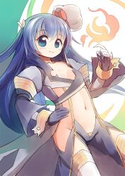 Rule 34 | 1girl, black gloves, black pants, blue eyes, blue hair, blush, closed mouth, coat, commentary request, cowboy shot, emurin, flat chest, gloves, grey coat, hair between eyes, hand on own hip, hat, highres, long hair, long sleeves, looking at viewer, navel, pants, ragnarok online, revealing clothes, sailor hat, side slit, smile, solo, suspenders, thighhighs, very long hair, warlock (ragnarok online), white hat, white thighhighs