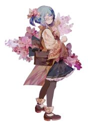 Rule 34 | 1girl, back bow, bag, black-framed eyewear, black footwear, black pantyhose, blue bow, blue hair, blue skirt, bow, brown bag, clenched hand, closed eyes, closed mouth, collared shirt, commentary, floral print, flower, flower request, frilled skirt, frilled socks, frills, full body, glasses, hair bow, hair flower, hair ornament, handbag, japanese clothes, light smile, lobelia (saclia), long sleeves, mary janes, miniskirt, original, pantyhose, pink flower, shirt, shoes, short hair, short ponytail, simple background, skirt, socks, solo, striped, striped bow, white background, white bow, white shirt, white socks, wide sleeves