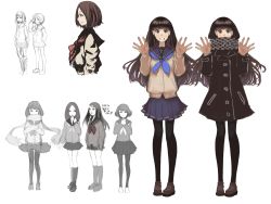 Rule 34 | 6+girls, bad id, bad pixiv id, brown eyes, brown hair, character sheet, highres, kansou samehada, multiple girls, pantyhose, scarf, skirt