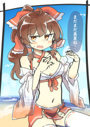 Rule 34 | 1girl, adapted costume, ahoge, armpit crease, bare shoulders, beach, bikini, blush, bow, breasts, brown eyes, brown hair, cleavage, commentary request, criss-cross halter, day, detached sleeves, frilled bow, frilled hair tubes, frills, groin, hair bow, hair tubes, hakurei reimu, half-closed eyes, halterneck, hands up, horizon, jitome, long sleeves, looking at viewer, matsu kitsune, medium breasts, midriff, motion lines, navel, open mouth, outdoors, ponytail, red bow, red skirt, sand, see-through, see-through sleeves, sitting, skirt, solo, sweat, swimsuit, thighhighs, touhou, translated, water, white thighhighs, wide sleeves
