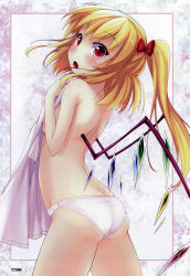 Rule 34 | 1girl, ass, back, blonde hair, blush, bow, breasts, covering privates, covering breasts, fang, female focus, flandre scarlet, flat chest, hair bow, highres, medium breasts, non-web source, nullken, one side up, panties, panties only, red eyes, scan, side ponytail, solo, embodiment of scarlet devil, topless, touhou, towel, underwear, underwear only, white panties, wings
