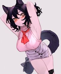Rule 34 | 1girl, animal ears, arknights, armpits, arms up, bare shoulders, black hair, breasts, brown eyes, cat ears, cat tail, commentary request, cowboy shot, grey skirt, highres, kochiya (gothope), large breasts, miniskirt, necktie, pink shirt, red necktie, rockrock (arknights), shirt, short hair, skirt, sleeveless, sleeveless shirt, solo, standing, tail, thighs