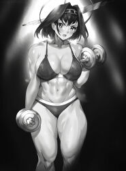 Rule 34 | 1girl, abs, bikini, blush, breasts, cleavage, collarbone, covered erect nipples, exercising, greyscale, hair intakes, halo, highres, hololive, hololive english, keigi, large breasts, mechanical halo, monochrome, navel, open mouth, ouro kronii, solo, spotlight, swimsuit, toned, v-shaped eyebrows, virtual youtuber, weightlifting