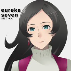 Rule 34 | 00s, 1girl, black hair, blue eyes, copyright name, dated, earrings, eureka seven, eureka seven (series), flipped hair, jewelry, light smile, long hair, looking at viewer, mole, mole under eye, parted bangs, portrait, ray beams, simple background, single earring, smile, solo, sweater, swept bangs, turtleneck, uto
