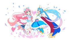 Rule 34 | 2girls, absurdres, blue eyes, blue hair, blue skirt, boots, bow, commentary request, cure prism, cure sky, dress, earrings, feather hair ornament, feathers, fingerless gloves, glove bow, gloves, gradient hair, green eyes, hair bow, hair ornament, heart, heart hands, heart hands duo, highres, hirogaru sky! precure, jewelry, multicolored hair, multiple girls, nijigaoka mashiro, official art, pink hair, precure, saitou atsushi (kamatamanankotu), skirt, sora harewataru, twintails, white bow, white dress, white footwear, white gloves