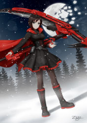 Rule 34 | 1girl, black dress, black hair, boots, breasts, cape, cloak, corset, crescent rose, dress, frilled dress, frills, full body, highres, hood, hooded cloak, medium breasts, red cape, red hair, ruby rose, rwby, scythe, short hair, grey eyes, solo, standing, thighhighs