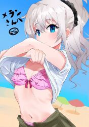 Rule 34 | 1girl, beach, bikini, blue eyes, blue sky, blush, breasts, charlotte (anime), cleavage, closed mouth, commentary request, commission, crossed arms, day, expressionless, frilled bikini, frills, grey hair, hair between eyes, hands up, long hair, looking at viewer, medium breasts, navel, outdoors, pink bikini, ponytail, ribs, shirt, short sleeves, sidelocks, signature, skeb commission, sky, solo, stomach, swimsuit, swimsuit under clothes, tomori nao, undressing, upper body, wavy hair, white shirt, zenoo