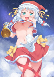 Rule 34 | 10s, 1girl, :d, aqua eyes, armband, artist name, bang dream!, bell, blush, bow, breasts, christmas, commentary request, foreshortening, fur-trimmed shirt, fur-trimmed skirt, fur trim, gloves, hair bow, hair ribbon, hat, highres, holding, holding bell, index finger raised, leg ribbon, long hair, looking at viewer, medium breasts, naitou kirara, navel, night, night sky, no bra, open mouth, red bow, red ribbon, red shirt, red skirt, ribbon, santa hat, shirt, skirt, sky, smile, solo, star (sky), starry sky, underboob, upshirt, wakamiya eve, watermark, white gloves, white hair, yellow bow, yellow ribbon