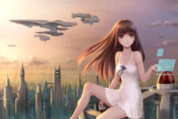Rule 34 | 1girl, aircraft, bare arms, bare shoulders, breasts, brown eyes, brown hair, cityscape, cloud, collarbone, commentary request, cup, dress, drinking straw, highres, leg up, lips, long hair, looking at viewer, medium breasts, microdress, original, outdoors, revision, science fiction, sky, sleeveless, sleeveless dress, smile, solo, spaghetti strap, twilight, white dress, youbou