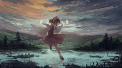 Rule 34 | 1girl, absurdres, blurry, bow, brown hair, cloud, cloudy sky, depth of field, flying, from side, gohei, grass, hair bow, hair tubes, hakurei reimu, highres, hill, lake, landscape, light particles, long hair, mary janes, mifuru, profile, ripples, river, scenery, shoes, sidelocks, sky, socks, solo, spell card, touhou, tree, twilight, white socks