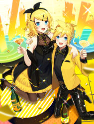 Rule 34 | :d, blonde hair, blue eyes, bow, cup, drinking glass, formal, hair bow, hair ornament, hairclip, hands on another&#039;s shoulders, highres, jacket, juice, kagamine len, kagamine rin, nokuhashi, open mouth, orange juice, ribbon, short hair, smile, suit, suit jacket, vocaloid, wine glass