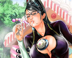 Rule 34 | 1girl, amulet, artist request, bayonetta, bayonetta (series), beehive hairdo, belt, black eyes, black hair, breasts, buckle, candy, chain, cleavage, commentary request, eating, food, highres, house, large breasts, lollipop, mole, mole under mouth, parted lips, pursed lips, solo, suggestive fluid, tree